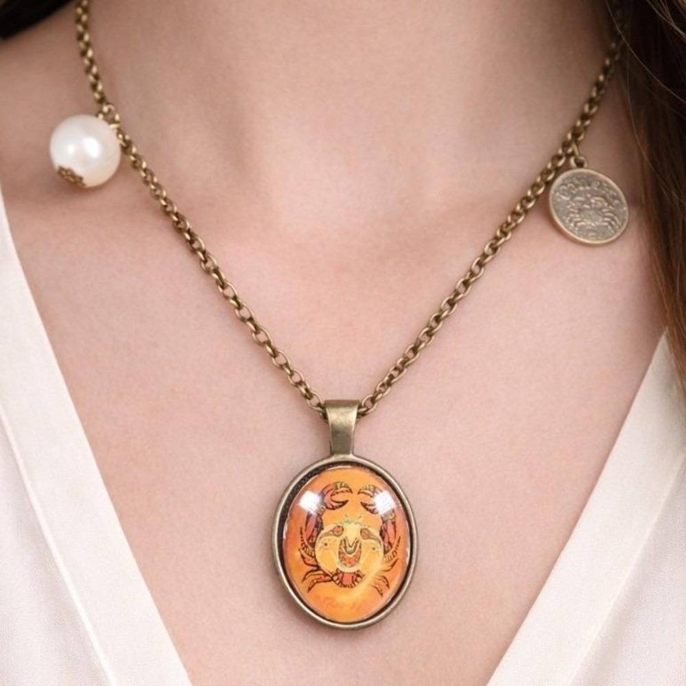 Vintage Gemini Zodiac Necklace Orange Snake Pendant Gold Tone Charm